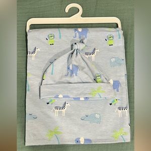 Jungle blue baby boy blanket and hat cotton